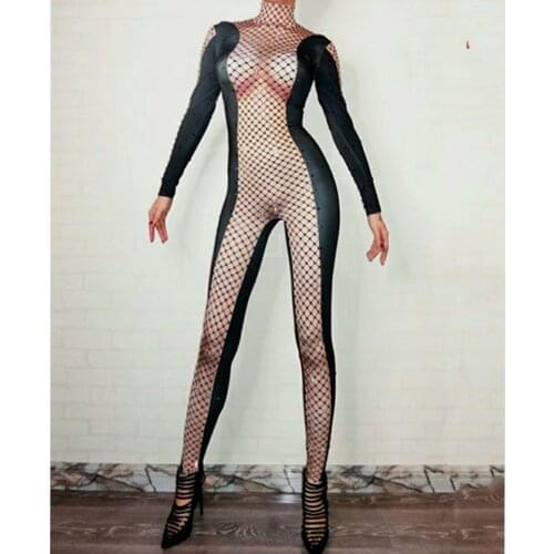 Black Rhinestones Mesh Printed Sexy Nude Jumpsuit Female Singer DS Bodysuit Nightclub Womens Birthday Party Stage Show Clothing