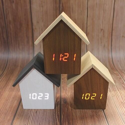 Mini Wooden House Style Digital Alarm Clock LED Display Clock, Sound Activated, Automatic Brightness Adjustment, Temperature