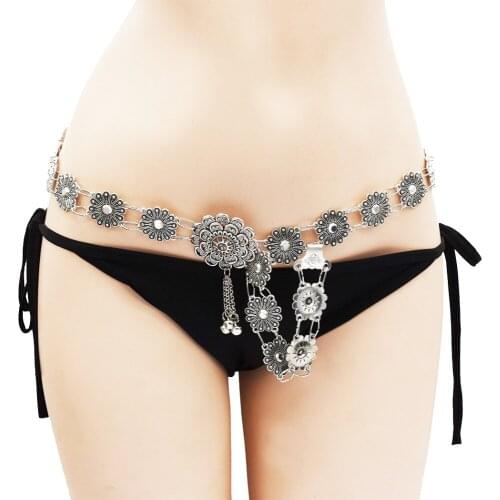 Gypsy Vintage Carved Flower Belly Waist Chains For Dress Women Color Metal Tassel Bells Dance Belt Body Chains Jewelry Turkish
