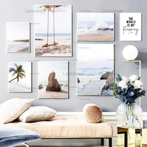 Nordic Canvas Painting Sea Waves Beach Palm Tree Posters and Prints Swing Seascape Wall Art Pictures Living Room Home Decoration