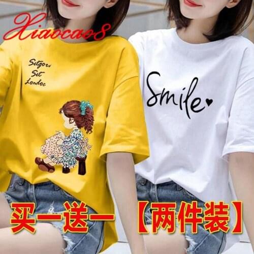 2Pieces T-shirts for Women Cotton Print Tops Tees 2020 Summer Short Sleeve Woman tshirts Plus Size Casual Femme t shirt Clothes