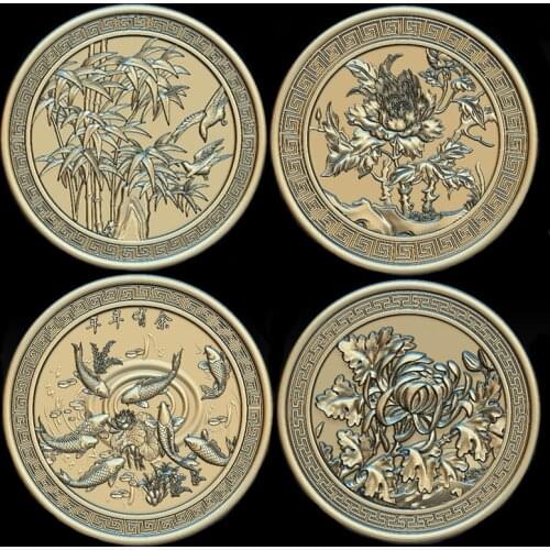 4pcs Round Decor panel STL Model for CNC Router Aspire Artcam _Bamboo/Chrysanthemum/Fish Round panel 3d relief model