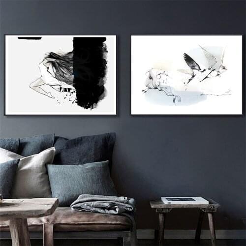 Minimalist Danseuse Poster Black White Women Art Print Nordic Bird Canvas Painting Modern Wall Picture Living Room Home Decor