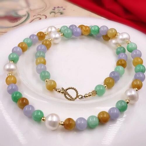Angelas original jewelry) Natural gemstone A, Myanmar jadeite waxy three-color Pearl Fulushou Necklace