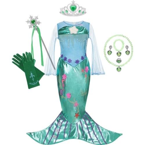 Girl Mermaid Dress Kids Christmas Little Mermaid Costume Children Carnival Birthday Fancy Princess Outfit Clothes Wig JYF