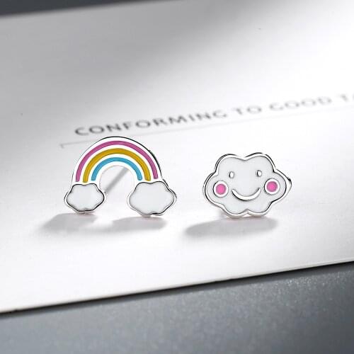 925 Sterling Silver Rainbow Asymmetric Stud Earrings For Women Wedding Jewelry Hypoallergenic eh1357