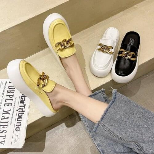 Tilocow Summer Women Wrop Toe Chain Mules Genuine Leather Slippers for Ladies Outside Flat With Slides Flat Platform Shoes Woman