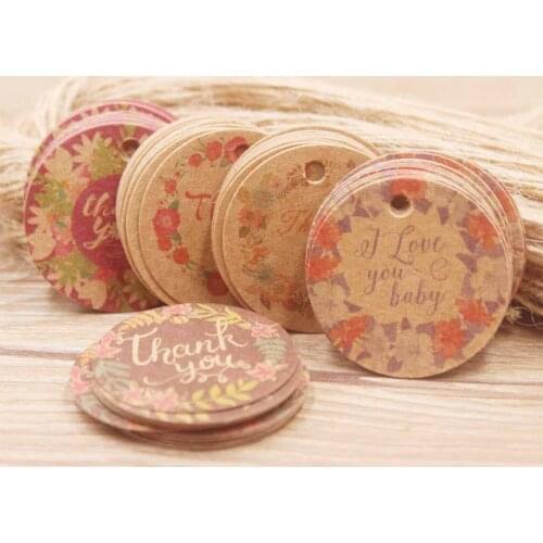 New 3cm round shape printed Thank you gift tag vintage kraft paper jewelry hang tag 50pcs +50hemp string per lot