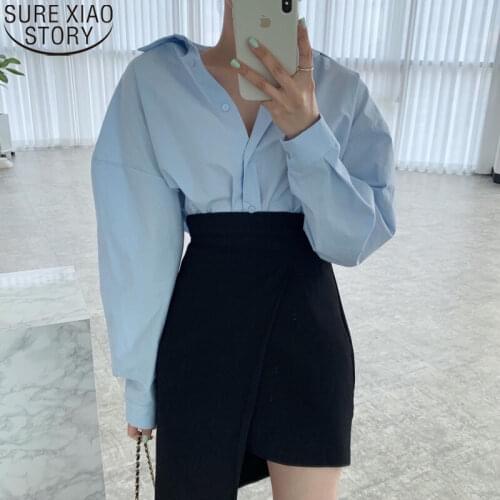 Plus Size Clothing for Women Shirts and Blouses Turn Down Collar Shirt Blue Spring Long Sleeve Loose Blouse Ladies Tops 13471