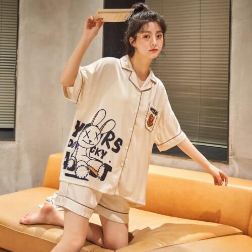 Womens Home Clothes Multicolor Ice Silk Painting Pajamas With Shorts Cartoon Rabbit Sleepwear Sleep Set Female Pajamas Summer