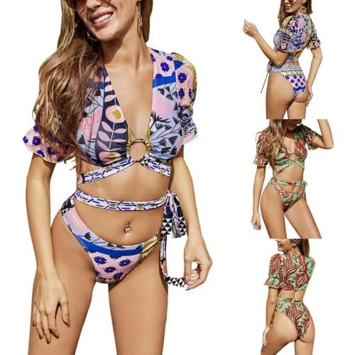 Hirigin Women Printed Split Swimsuit Set Ruffle Half Long Sleeve Metal Ring Deep V-neck Bikini And High Waist Tie-up Panties