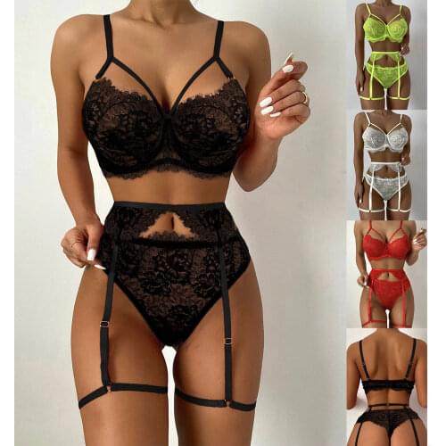 2021 Women Sexy Lace Floral 3pcs Exotic Sets Femme Lingeries with Thong Panties Garters Women See-through Exotic Valentines Day
