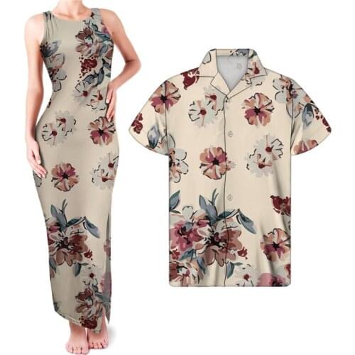HYCOOL Khaki Hand-Paint Floral Maxi Bodycon Dress Elegant Sleeveless Pencil Dresses Women O Neck Slit Tank Dress Match Men Shirt