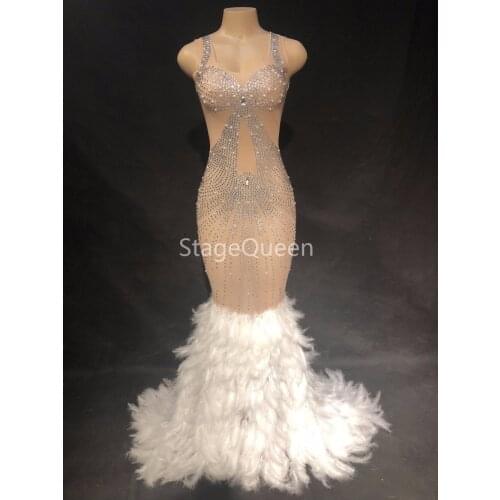 2019 Women Sexy Stage White Feather Nude Mesh Stones Dress Birthday Celebrate Transparent Net Yarn Dress Evening Costume Dress
