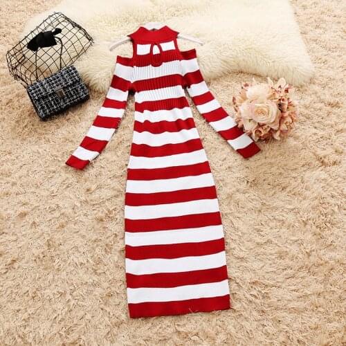 2020 winter new female halter hollow out long sleeve knit sheath dress womens striped waist elegant package hip knitted dresses