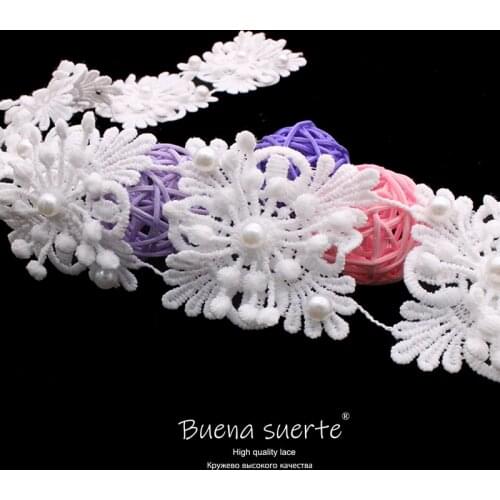 1Yard 3D White Embroidered Pearl Beads Flower Applique Trims for Garment Accessories Decoration DIY Handmade Sew on Lace Fabric