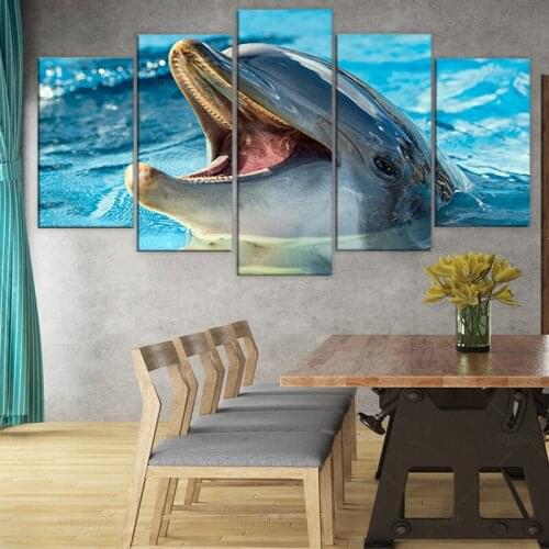 HD printed 5 piece canvas art animal poster dolphin playing painting wall pictures for living room modern framed Dropshipping