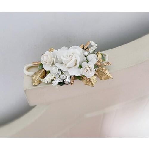 Free Shipping White Flower Rhinestone Beads Golden Leaves Skinny Girl Headband