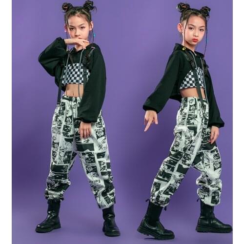 Kids Hip Hop Clothing Crop Tops Hoodie Sweatshirt Comic Pants For Girls Sport Suits Teenage Jazz Dance Costumes Street Clothes