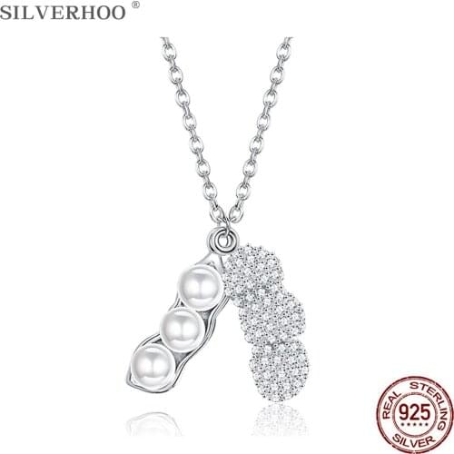 SILVERHOO 925 Sterling Silver Shiny Full CZ Peanut Pendant Necklaces For Women Elegant Shell Pearl Necklace Female Fine Jewelry