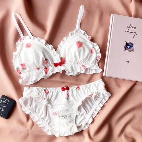 Japanese style cotton lingerie comfortable small pad cup bra set frilling printing strawberry sexy underwear bra and panty sets