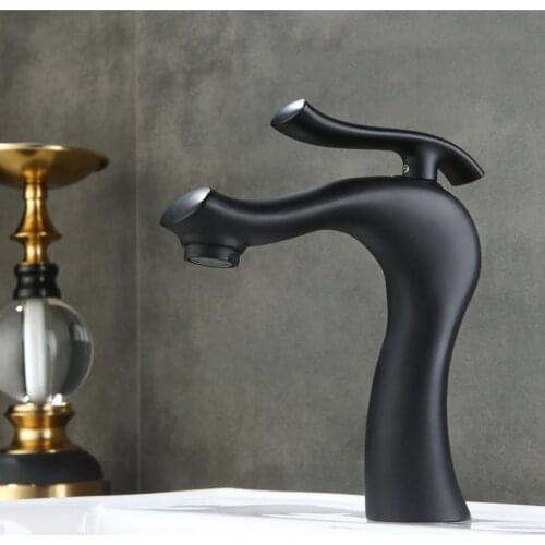 Curved black pure copper single handle under counter bathroom bathroom countertop faucet curved hotel basin water valve faucet
