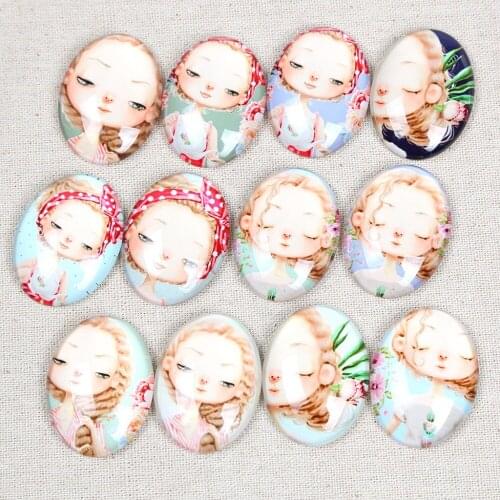 Reidgaller 20pcs 18x25mm 30x40mm cute Girl Face Photo Oval Glass Cabochons diy pendant necklace making findings