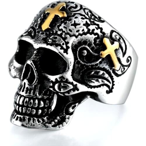 Classic Mens Ring Vintage Gothic Funny Skull Cross Ring Retro Flower Design Stainless Steel Ring For Male Best Gift