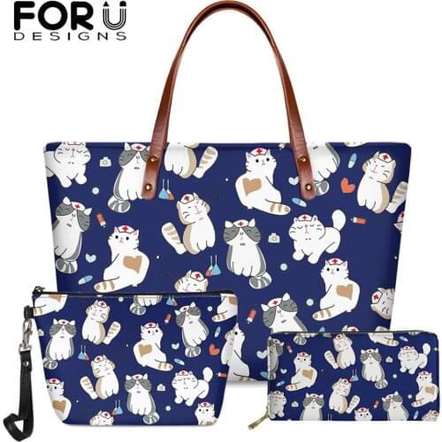 FORUDESIGNS Purse and Handbags Set for Ladies Cute Cartoon Nurse Cats Print Shoulder Bags Casual Totes Girls Pu Leather Walletes