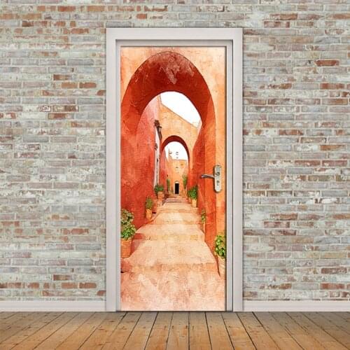 Red Corridor Arch 3D Door Stickers Mural PVC Self-adhesive Waterproof Tapety Modern Living Room Decoration Bedroom 3D Wall Paper
