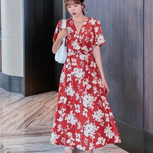 Summer 2021 Runway Elegant Vintage Korean Party Dress Boho Retro Tropical Beach Vacation Dresses Women Long Chiffon Floral Dress
