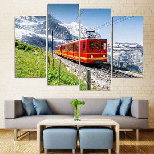 The Snow Mountain Red Train Modular HD Printed 4 Panel Landscape Posters Home Decor Canvas Painting Wall Picture for Living Room
