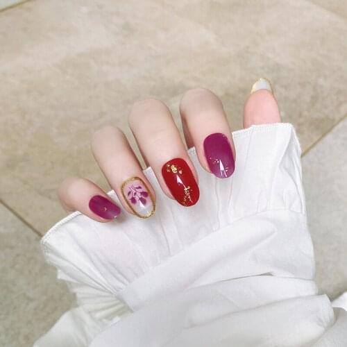 Fake Nails Long Round Head Purple Tulip Nail Stickers Finished Nail Stickers 24 Pcs Nail Stickers With Glue MH88