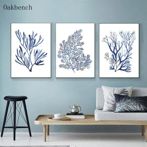 Plant Leaves Wall Art Canvas Painting Blue Black Leaf Poster Minimalist Art Print Nordic Wall Paintings For Living Room Decor