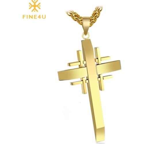 2018 New FINE4U N047 Cross Pendant Necklace For Men Women 316L Stainless Steel Chain Necklaces Crucifix Charm Jewelry