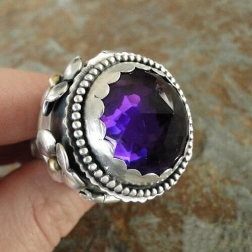 Unisex Hot Sale Mens and Womens Same Ring Retro Round Purple Crystal Flower Ring Simple Creative Fashion Temperament Ring