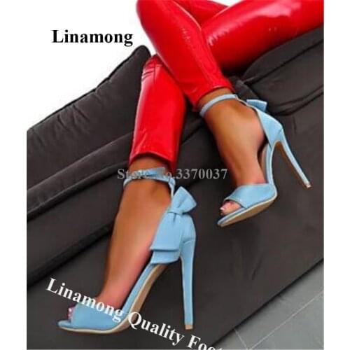 Charming Women Fashion Peep Toe Suede Leather Stiletto Heel Bowtie Sandals Blue Black Ankle Strap High Heel Sandals Dress Heels