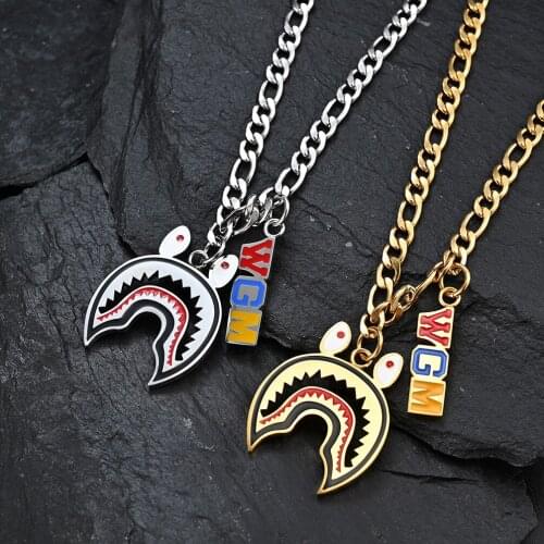 Wholesale Street Style Gothic Hip Hop Male Tide Shark Necklace Cool Buddy Big Mouth Man Stainless Steel Valentines Day Jewelry