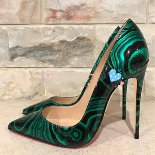 Sexy Green Printed High Heel Pumps Stiletto Heels Pointed Toe Women Dress Shoes 12 10 8cm Shallow Pumps Shoes Patent Leather
