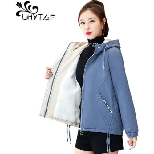 UHYTGF Winter jacket for women Plus velvet thick warm parka women hooded windproof students short coat loose plus size coats 604