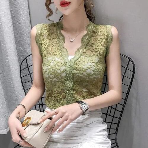 Street Women Lace bottoming Top Sexy See Through Vest Sling Tops Sleeveless Femme Through Top Female 2021 Summer V-Neck Green