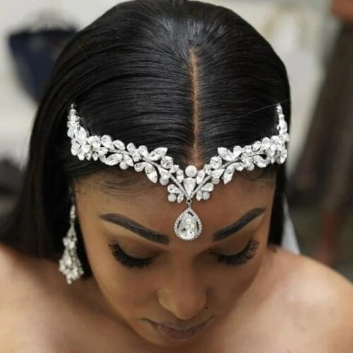 Stonefans High Quality Zircon Rhinestone Crown Headband Bride Tiara Water Drop Forehead Headwear Bridal Headpiece for Weeding