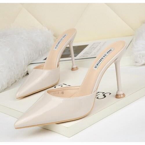 Women sandals PU Slip On 9.5CM Thin Heels High heels Pointed Toe Shallow women shoes sandalias mujer 2020 size 35-42 red