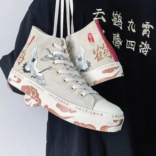 2021 High-Top Canvas Shoes Womens Shoes Chinese Style Retro Chic Sneakers Girls Gumshoes Floral Crane Female Leisure Shoe 35-40
