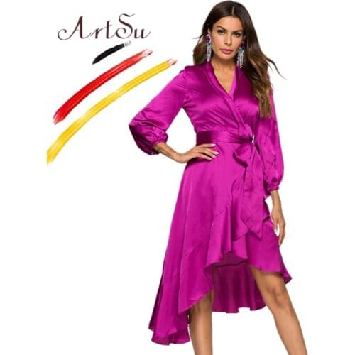 ArtSu Elegant Purple Long Sleeve Wrap Bandage Maxi Dress Women Ruffle V-Neck Sexy Silk Satin Party Dresses Robe Winter Vestido