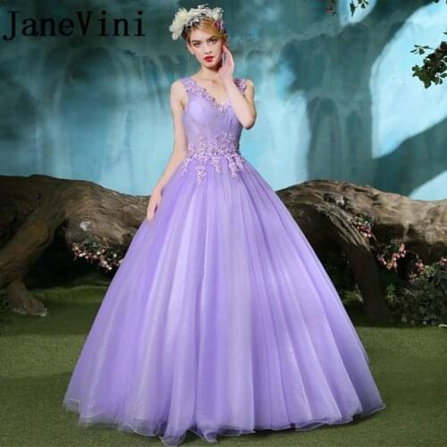 JaneVini Graceful Light Purple Long Bridesmaid Dresses V Neck Lace Applique Beads Tulle Prom Gowns 2018 Vestidos D Fiesta Largos