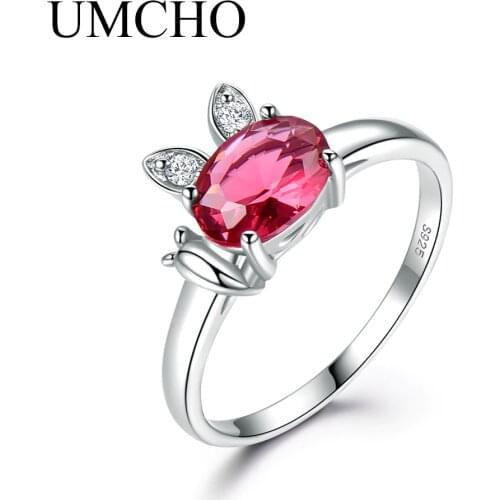 UMCHO Created Ruby Genuine 925 Sterling Silver Ring for Women Red Gemstone Engagement Vintage Wedding Bands Cute Rabbit Jewelry