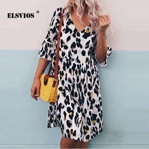 Casual Summer New Women V Neck Leopard Print Dress Fashion Mid Sleeves Loose Pullover Dress Elegant irregular Beach Party Dress