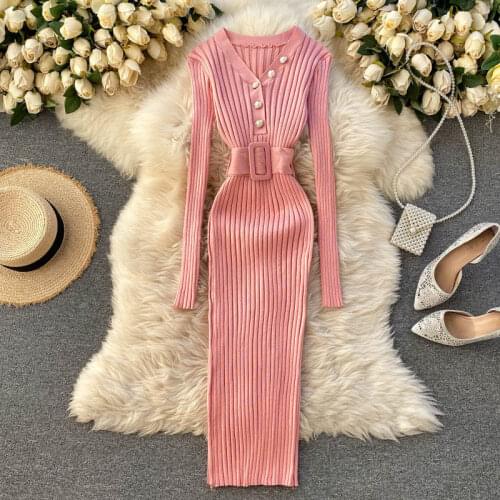 Autumn Women Pink Knitting Long Sleeves Sweater dress Women vintage High waist Elasticity dress 2021 new