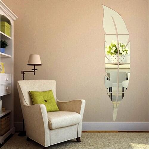 Feather Shaped Acrylic Gold Sliver Long Mirror Stickers Wall Sticker Home Decoration Bathroom Bedroom Living Room Decor